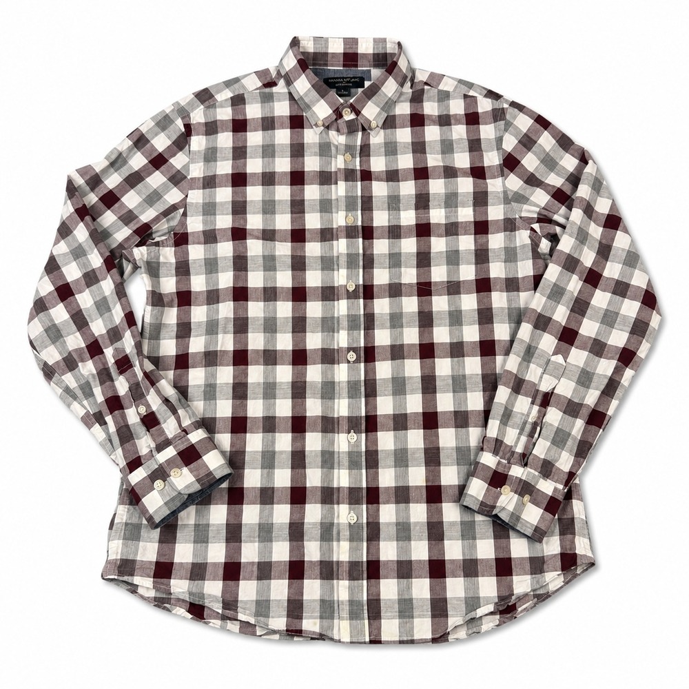 Banana Republic Soft Wash Slim Fit Plaid Button Down Shirt Men's L Burgundy Gray